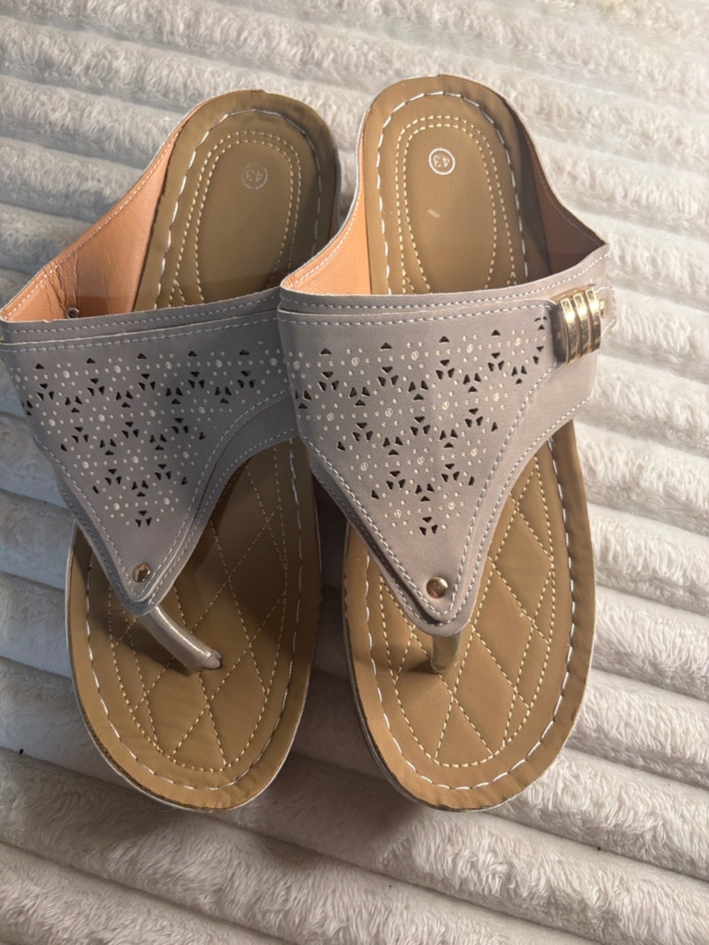 Women’s Taupe Laser-Cut Thong Sandals with Gold Accent